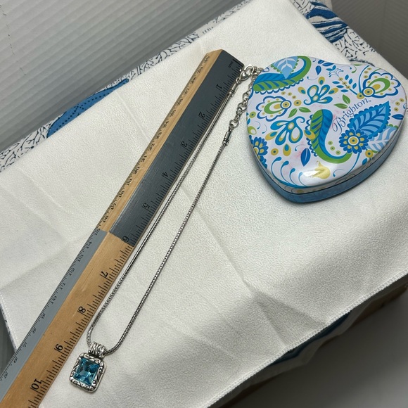 Brighton Regina Necklace Square Blue Crystal Pendant Silver Plated 17" & Tin - Picture 8 of 13